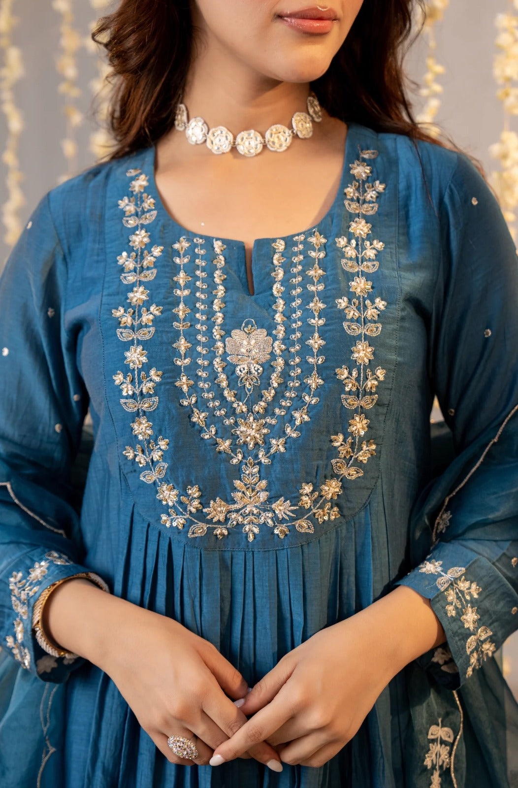 Teal & Olive Green Chanderi Silk Embroidered Festive Suit Set