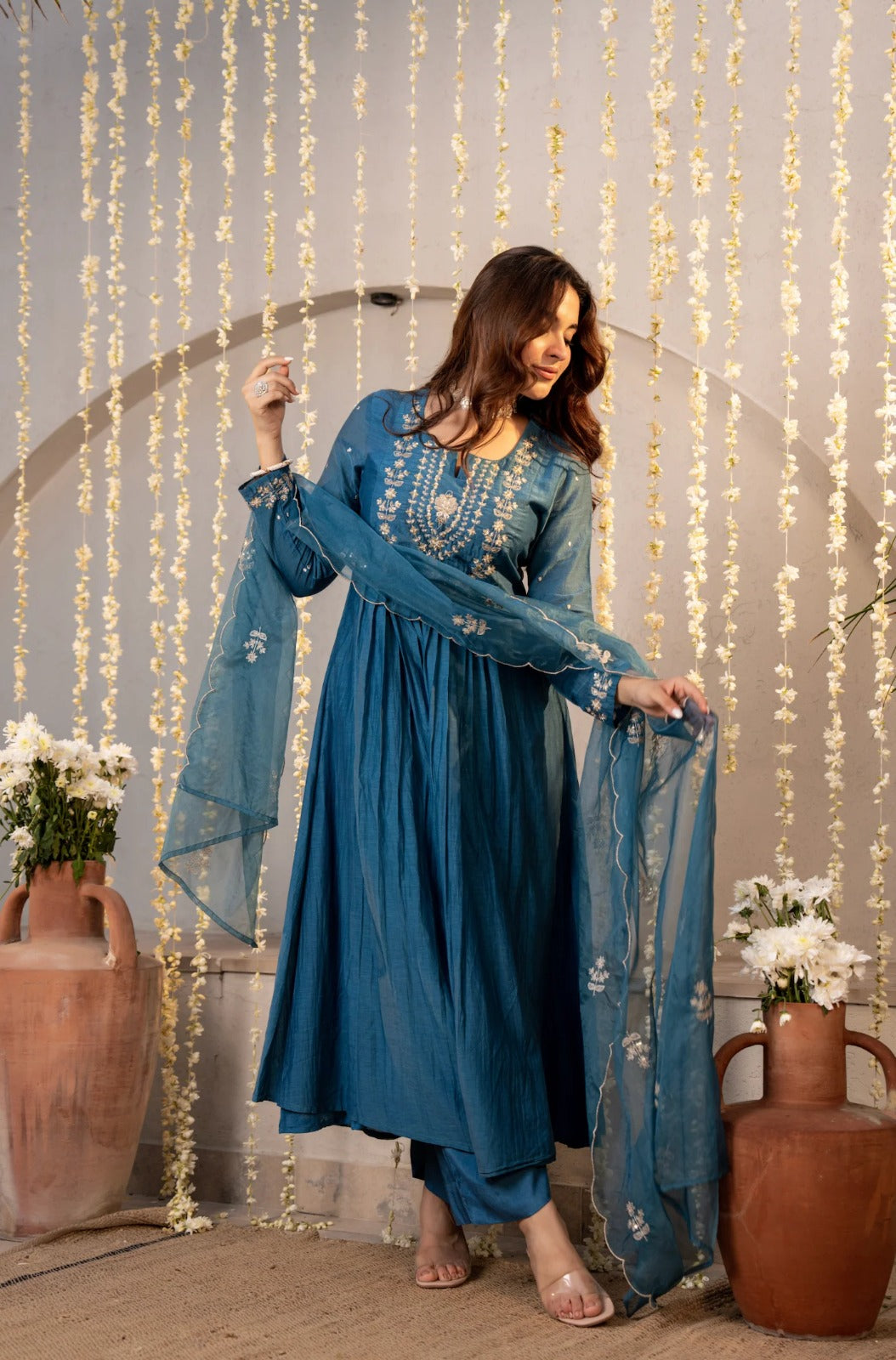 Teal & Olive Green Chanderi Silk Embroidered Festive Suit Set