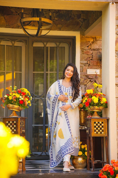 Cream Blue Printed Muslin Elegant Festive Suit Set