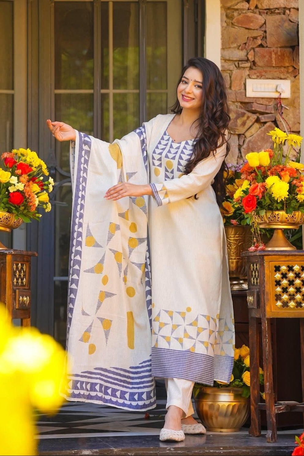 Cream Blue Printed Muslin Elegant Festive Suit Set