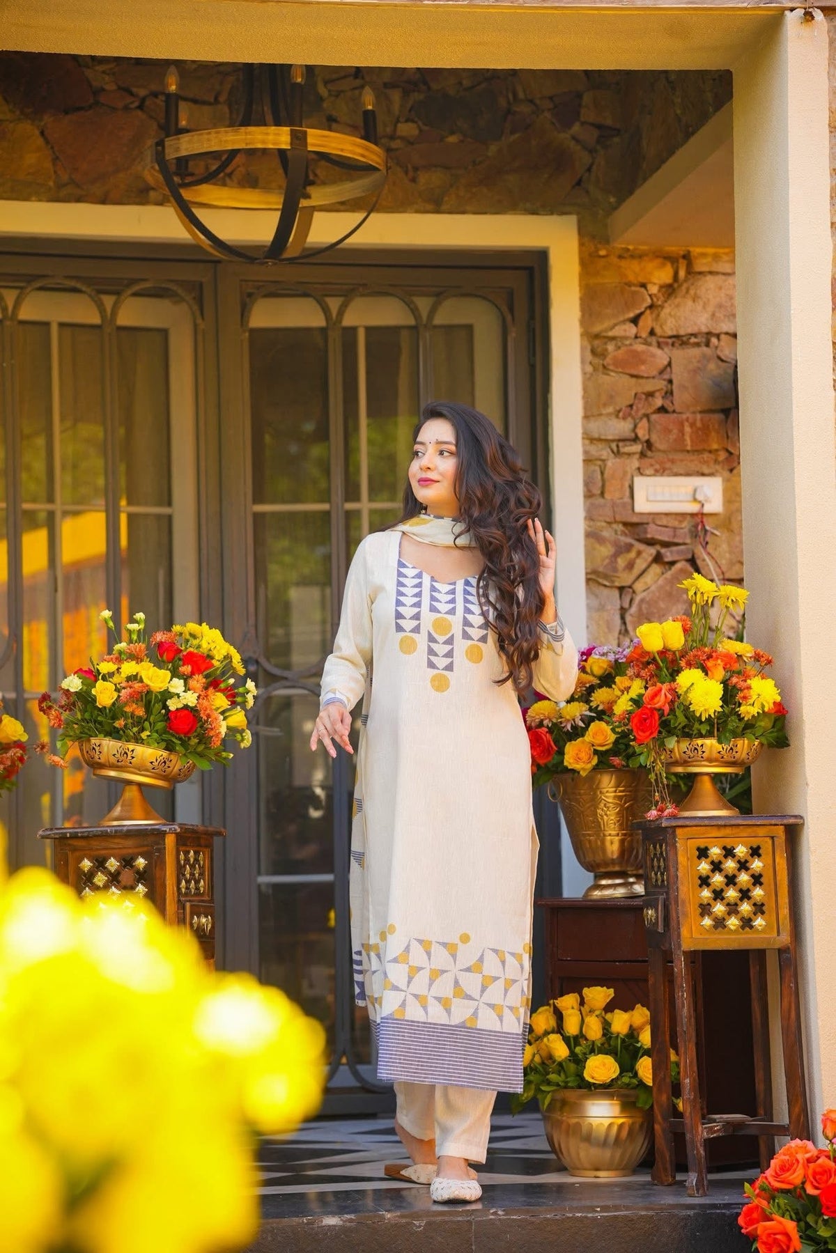 Cream Blue Printed Muslin Elegant Festive Suit Set