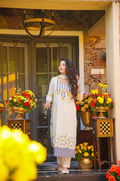 Cream Blue Printed Muslin Elegant Festive Suit Set