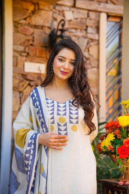 Cream Blue Printed Muslin Elegant Festive Suit Set