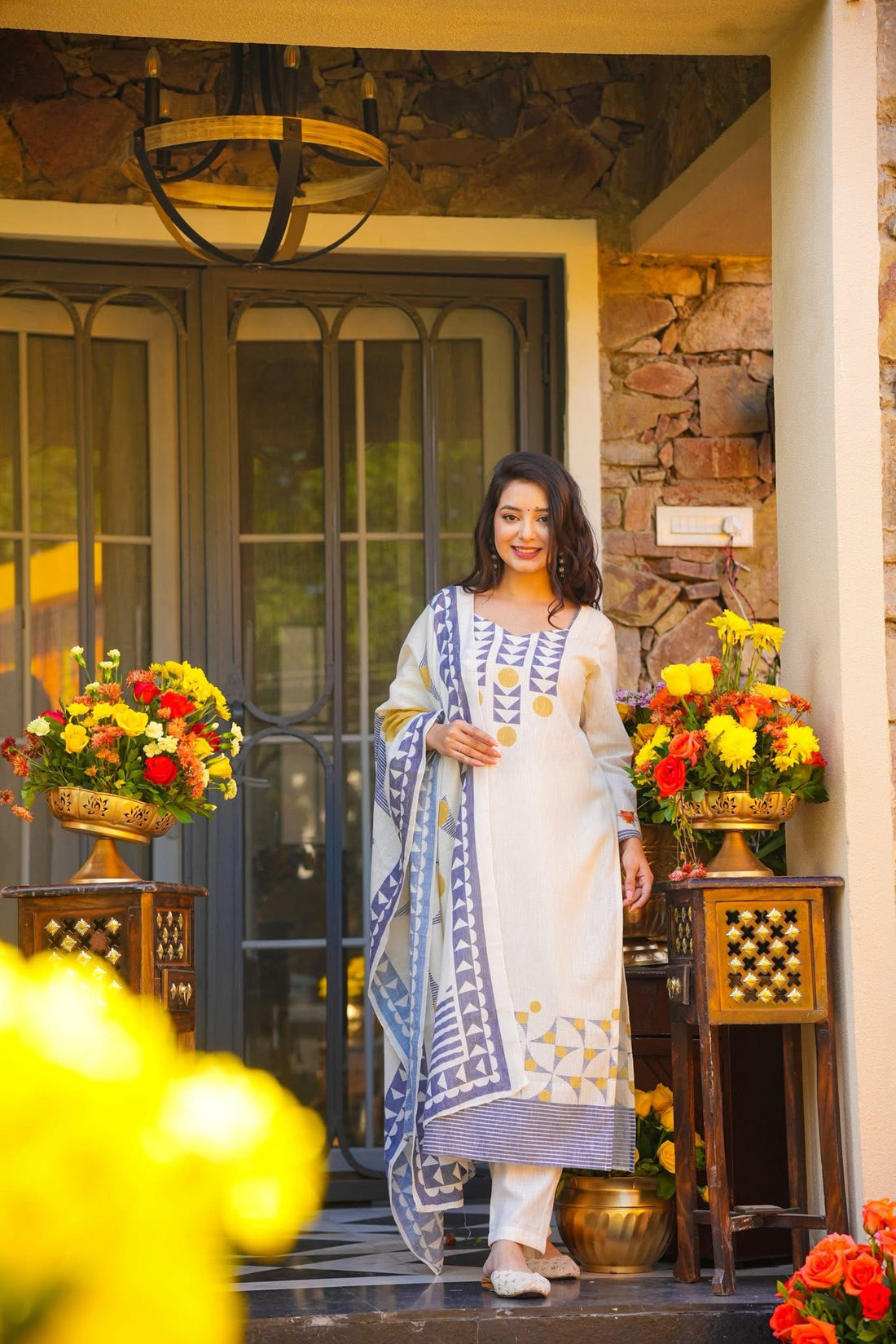 Cream Blue Printed Muslin Elegant Festive Suit Set