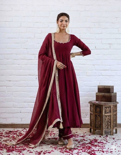 Wine Maroon Chanderi Silk Elegant Festive Suit Set