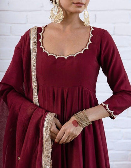 Wine Maroon Chanderi Silk Elegant Festive Suit Set
