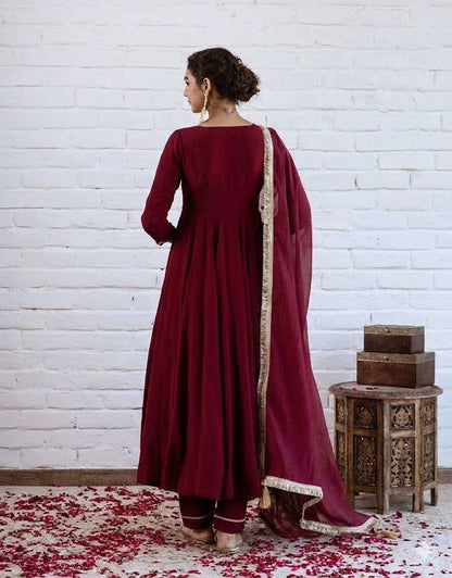 Wine Maroon Chanderi Silk Elegant Festive Suit Set