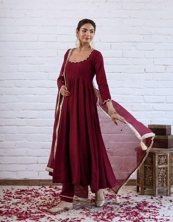 Wine Maroon Chanderi Silk Elegant Festive Suit Set