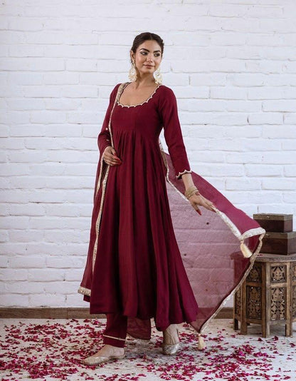 Wine Maroon Chanderi Silk Elegant Festive Suit Set