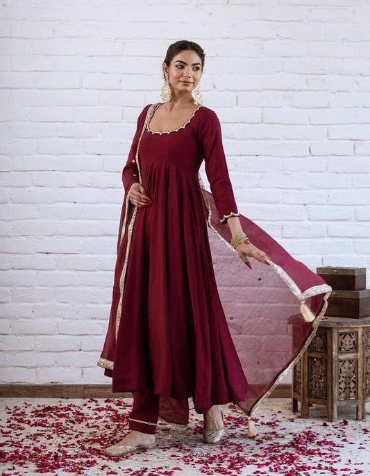 Wine Maroon Chanderi Silk Elegant Festive Suit Set