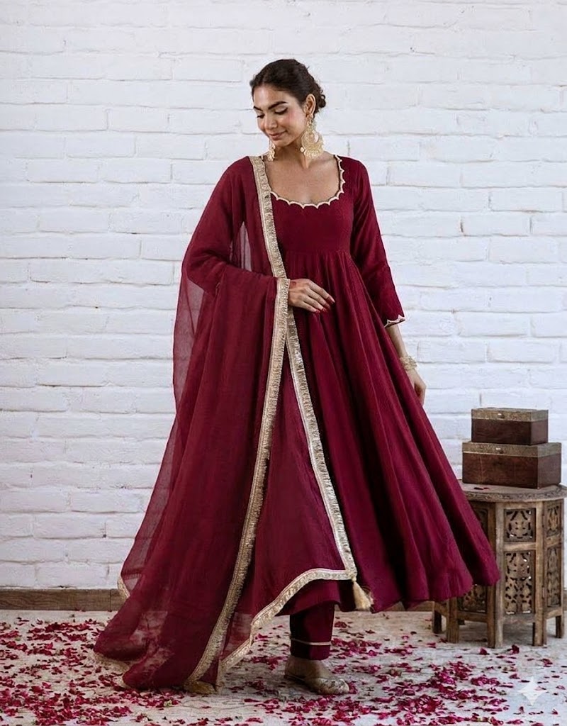 Wine Maroon Chanderi Silk Elegant Festive Suit Set