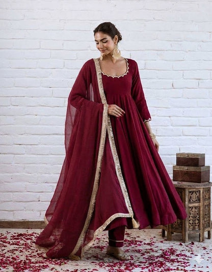 Wine Maroon Chanderi Silk Elegant Festive Suit Set