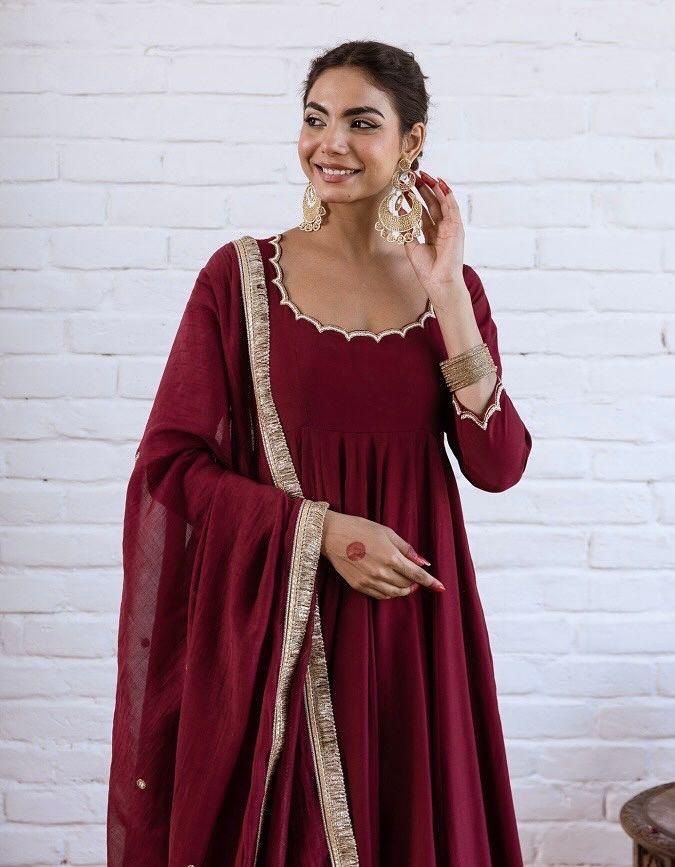 Wine Maroon Chanderi Silk Elegant Festive Suit Set