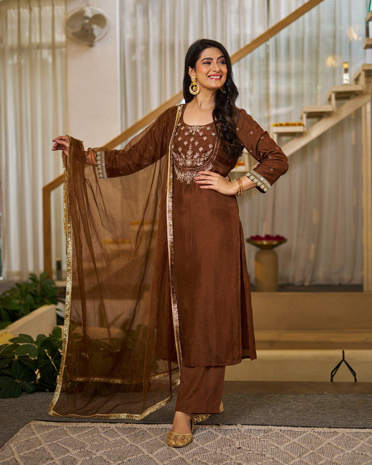 Chocolate Brown Vichitra Silk Elegant Festive Suit Set