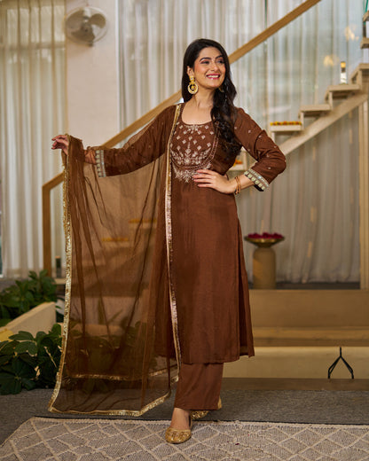 Chocolate Brown Vichitra Silk Elegant Festive Suit Set