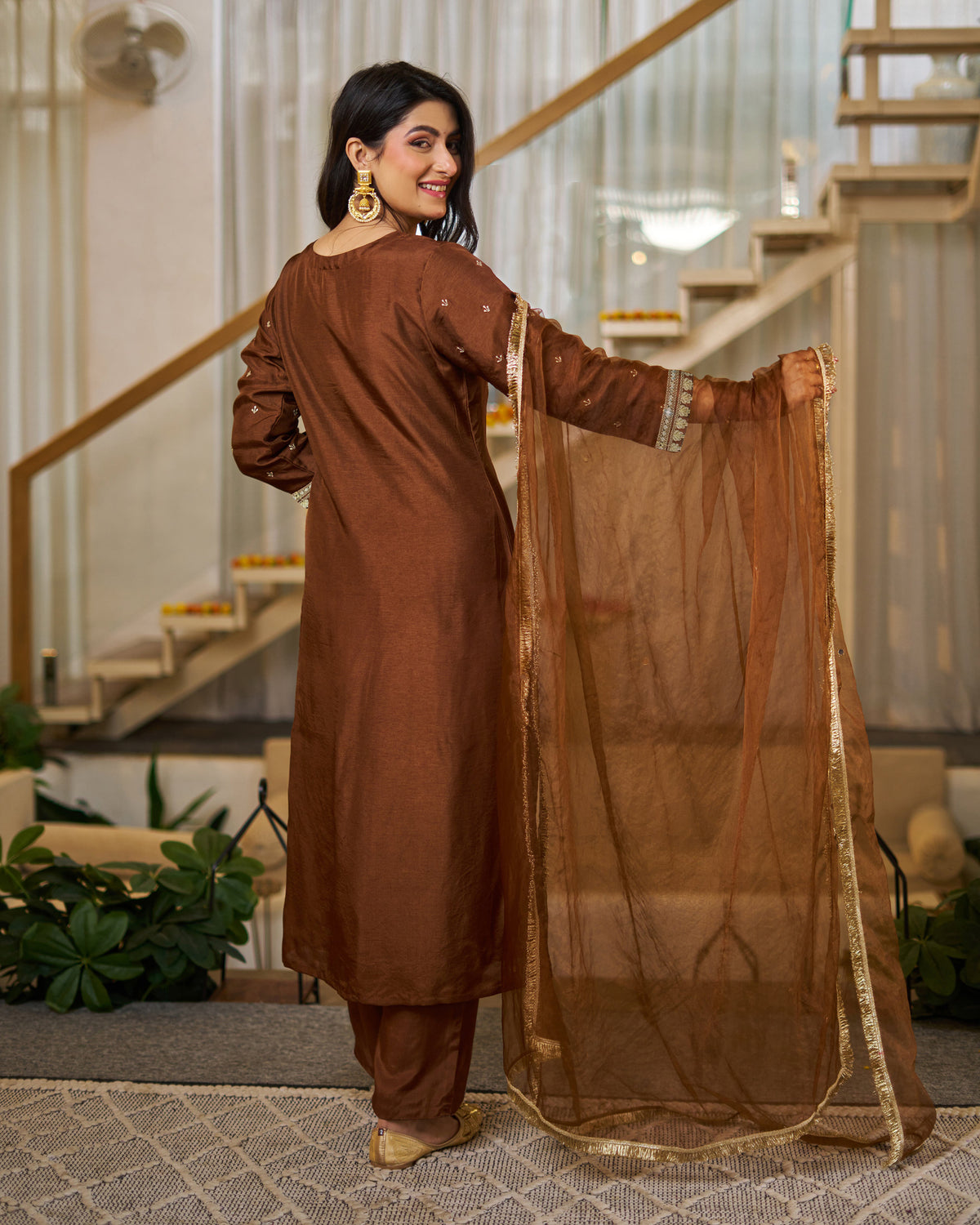 Chocolate Brown Vichitra Silk Elegant Festive Suit Set