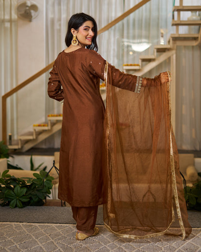 Chocolate Brown Vichitra Silk Elegant Festive Suit Set