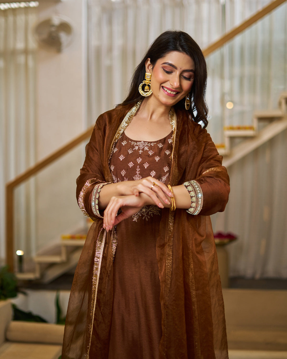 Chocolate Brown Vichitra Silk Elegant Festive Suit Set