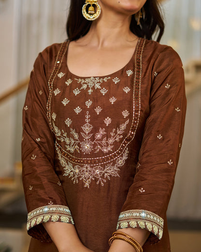 Chocolate Brown Vichitra Silk Elegant Festive Suit Set