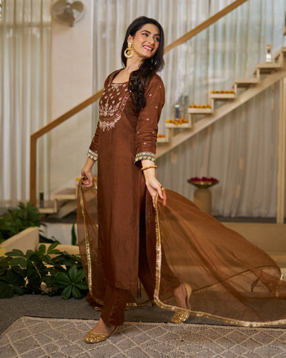 Chocolate Brown Vichitra Silk Elegant Festive Suit Set