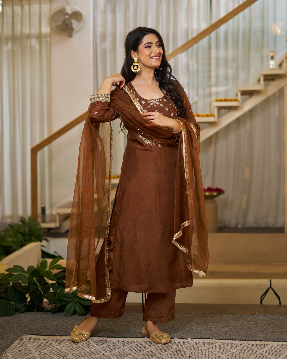 Chocolate Brown Vichitra Silk Elegant Festive Suit Set