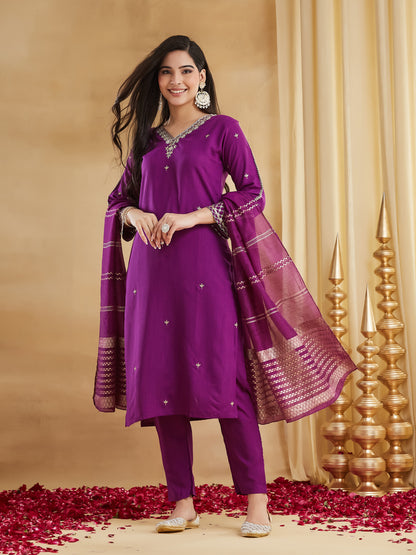 Purple Viscose Rayon Embroidered Festive Suit With Dupatta