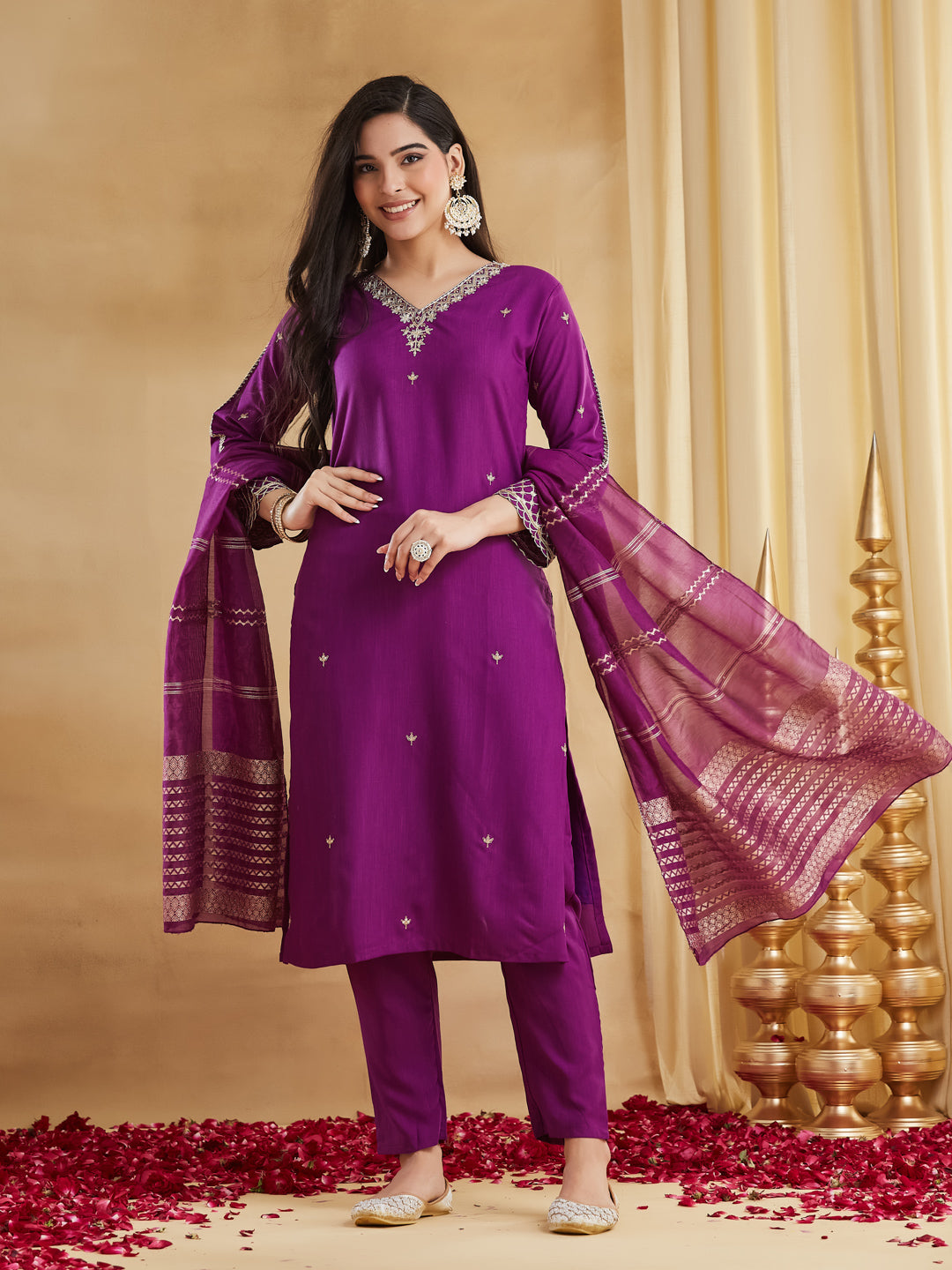 Purple Viscose Rayon Embroidered Festive Suit With Dupatta