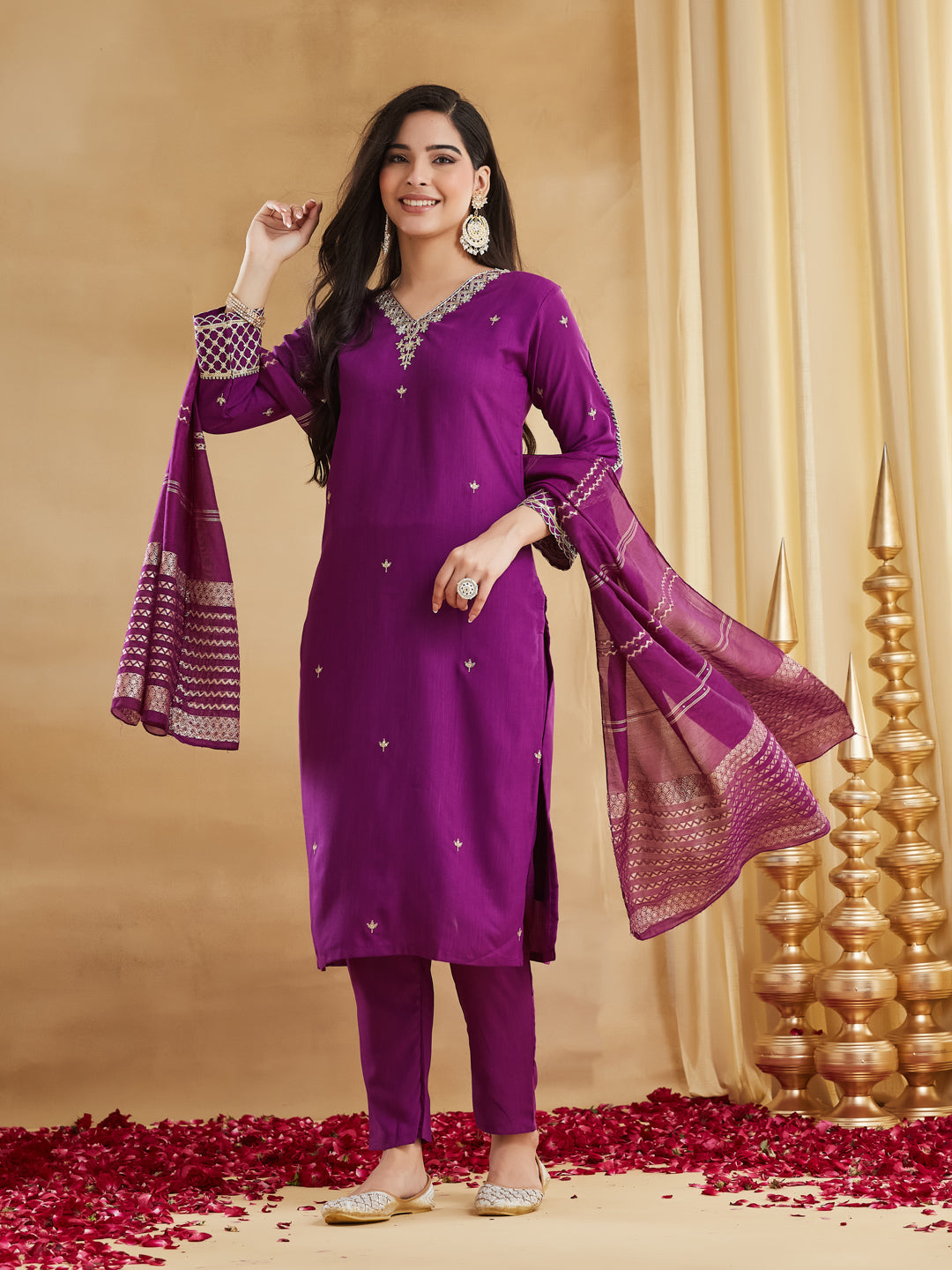 Purple Viscose Rayon Embroidered Festive Suit With Dupatta