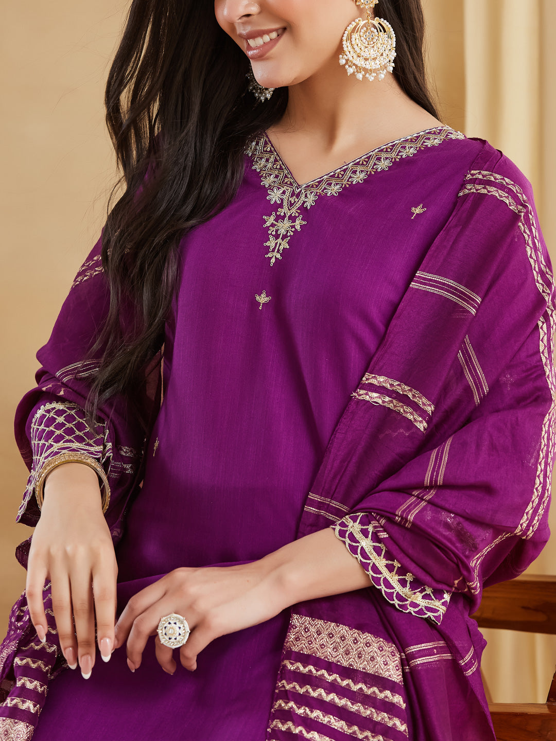 Purple Viscose Rayon Embroidered Festive Suit With Dupatta