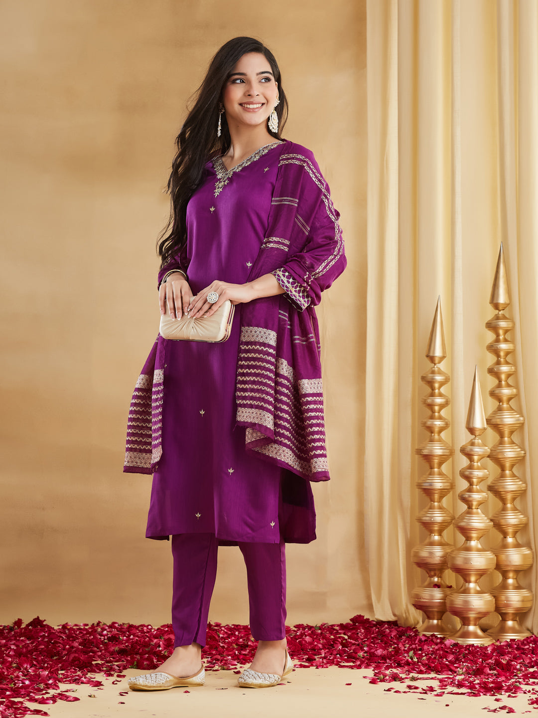 Purple Viscose Rayon Embroidered Festive Suit With Dupatta
