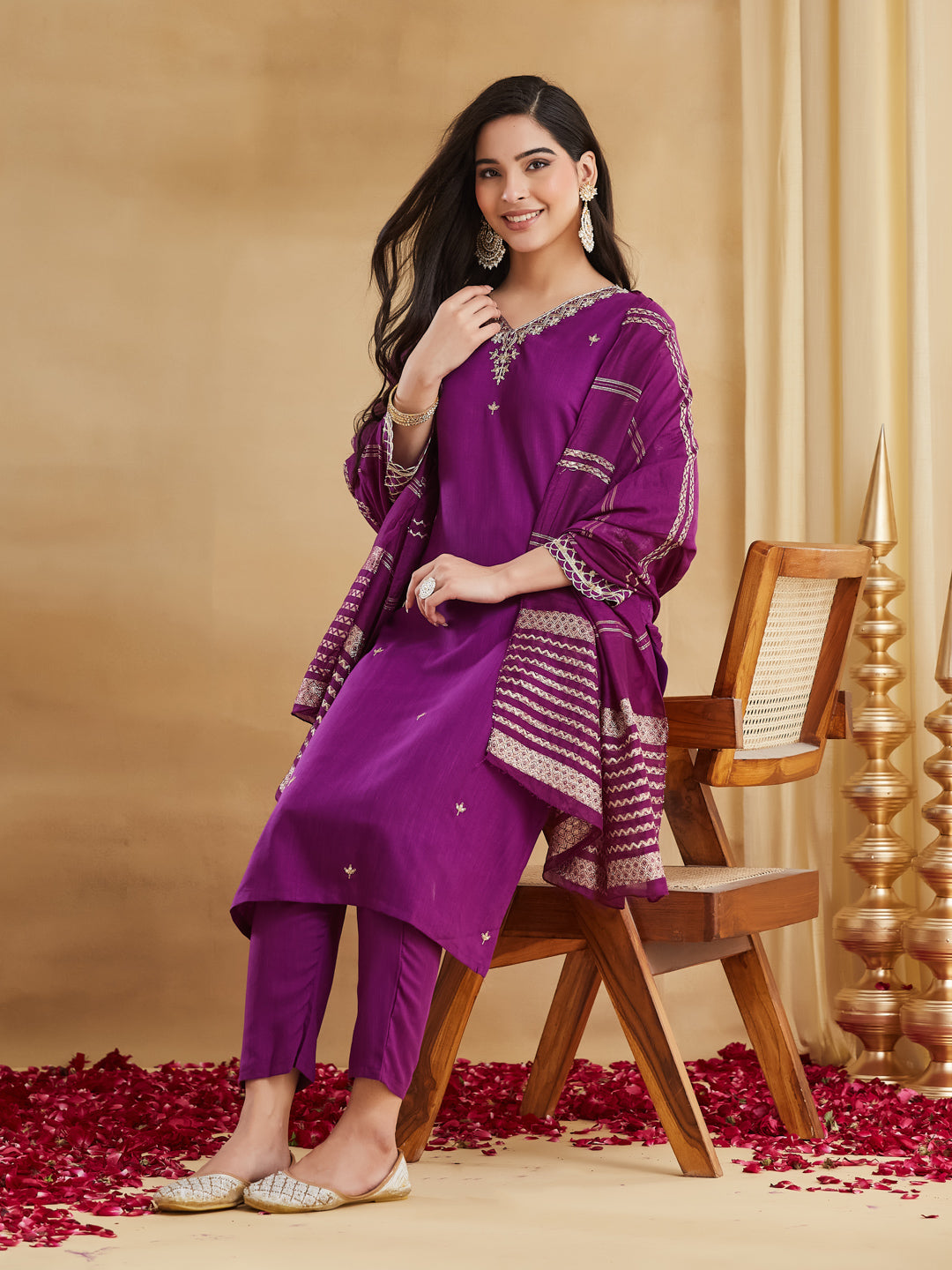 Purple Viscose Rayon Embroidered Festive Suit With Dupatta