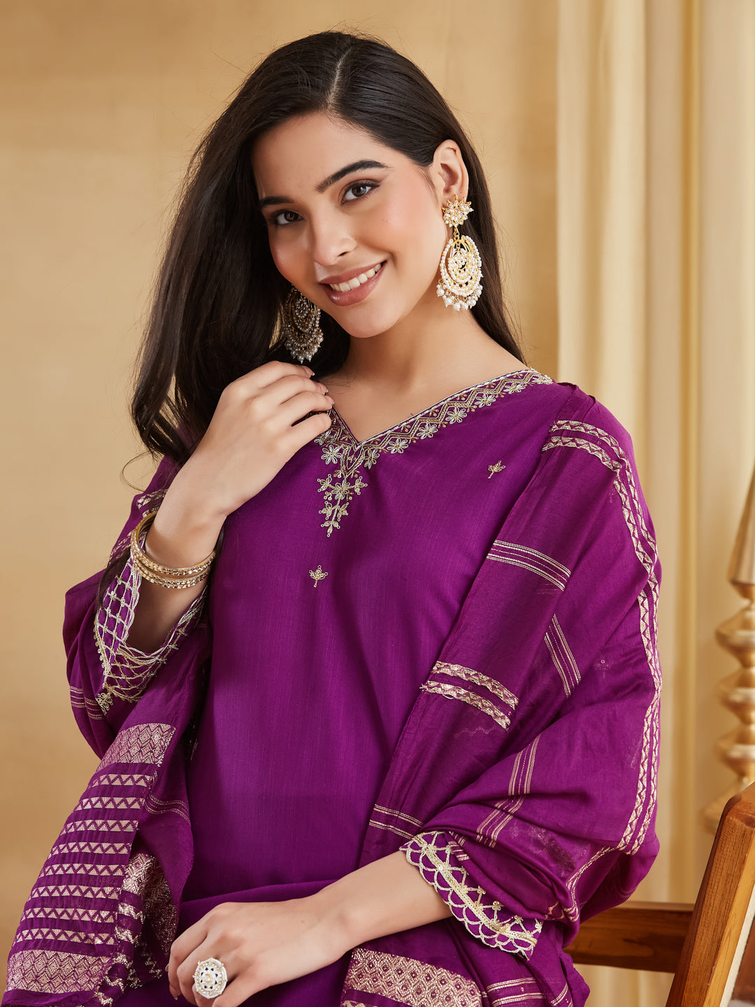 Purple Viscose Rayon Embroidered Festive Suit With Dupatta