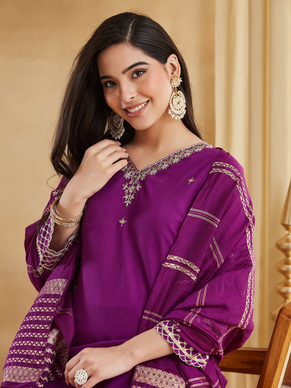 Purple Viscose Rayon Embroidered Festive Suit With Dupatta