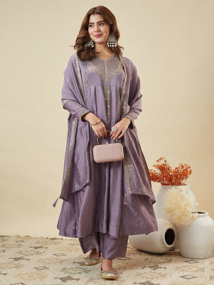 Lavender Vichitra Silk Embroidered Festive Suit Set