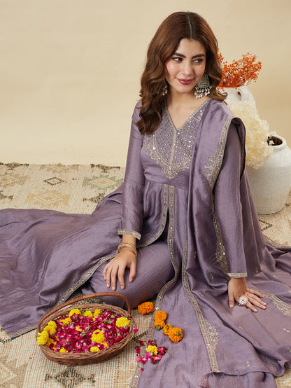 Lavender Vichitra Silk Embroidered Festive Suit Set