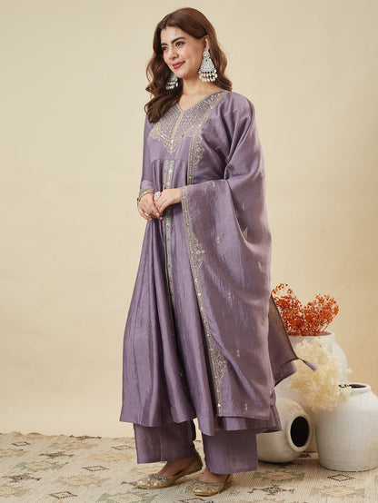 Lavender Vichitra Silk Embroidered Festive Suit Set