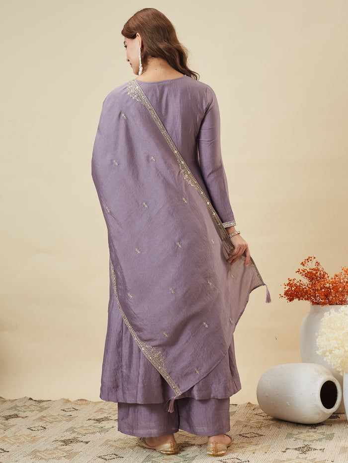 Lavender Vichitra Silk Embroidered Festive Suit Set