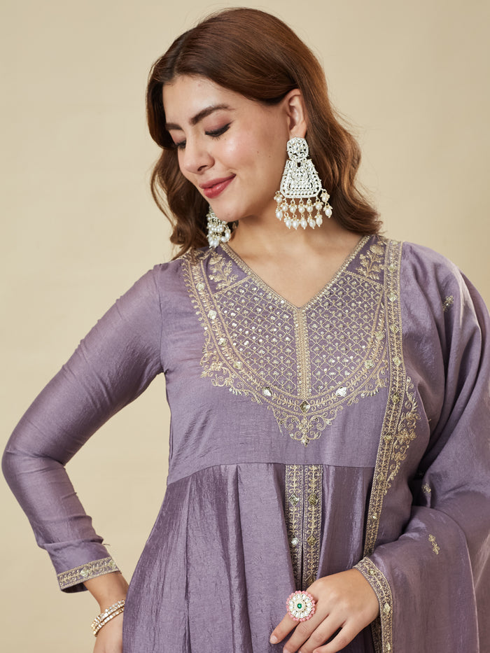 Lavender Vichitra Silk Embroidered Festive Suit Set