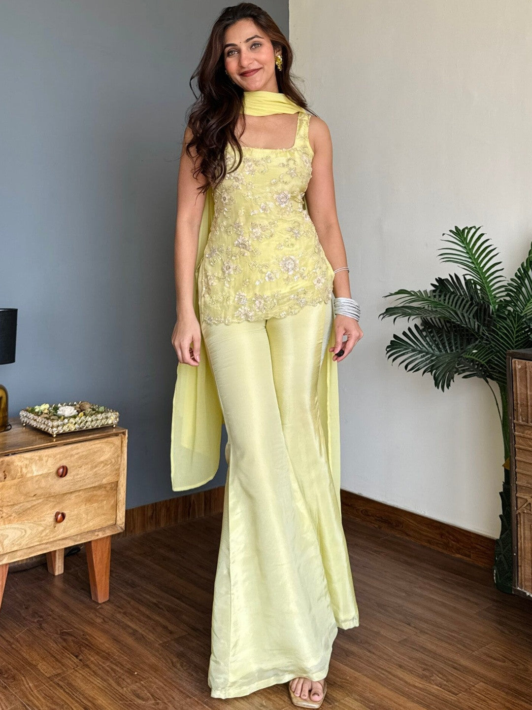 Pastel Yellow Faux Georgette Embroidered Festive Suit Set