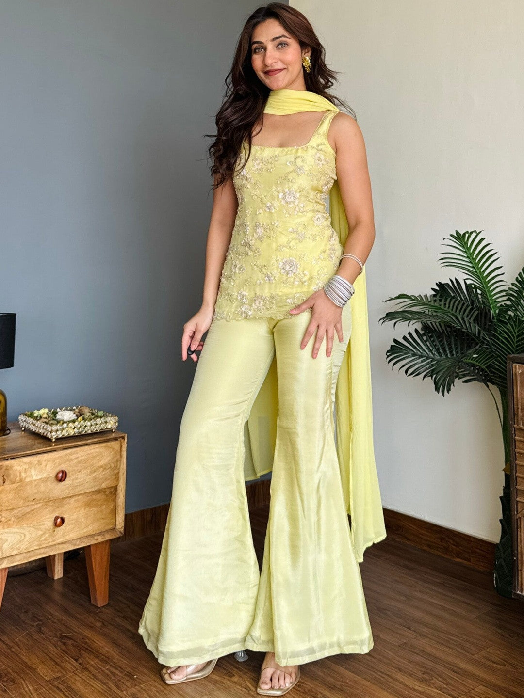 Pastel Yellow Faux Georgette Embroidered Festive Suit Set