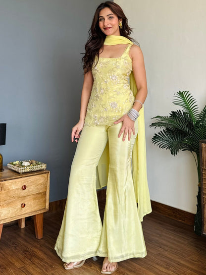 Pastel Yellow Faux Georgette Embroidered Festive Suit Set