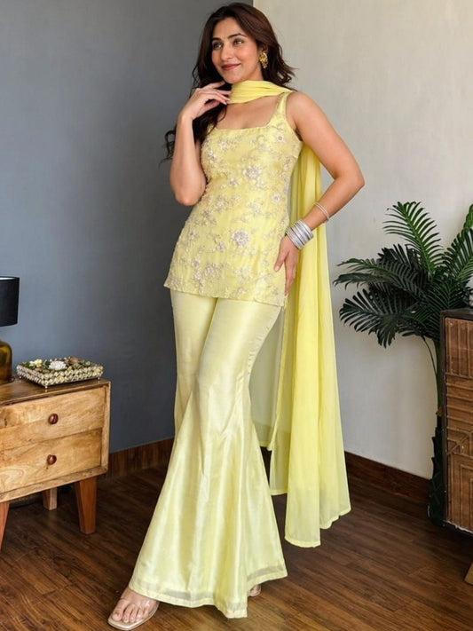 Pastel Yellow Faux Georgette Embroidered Festive Suit Set