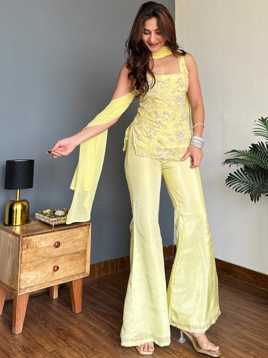 Pastel Yellow Faux Georgette Embroidered Festive Suit Set