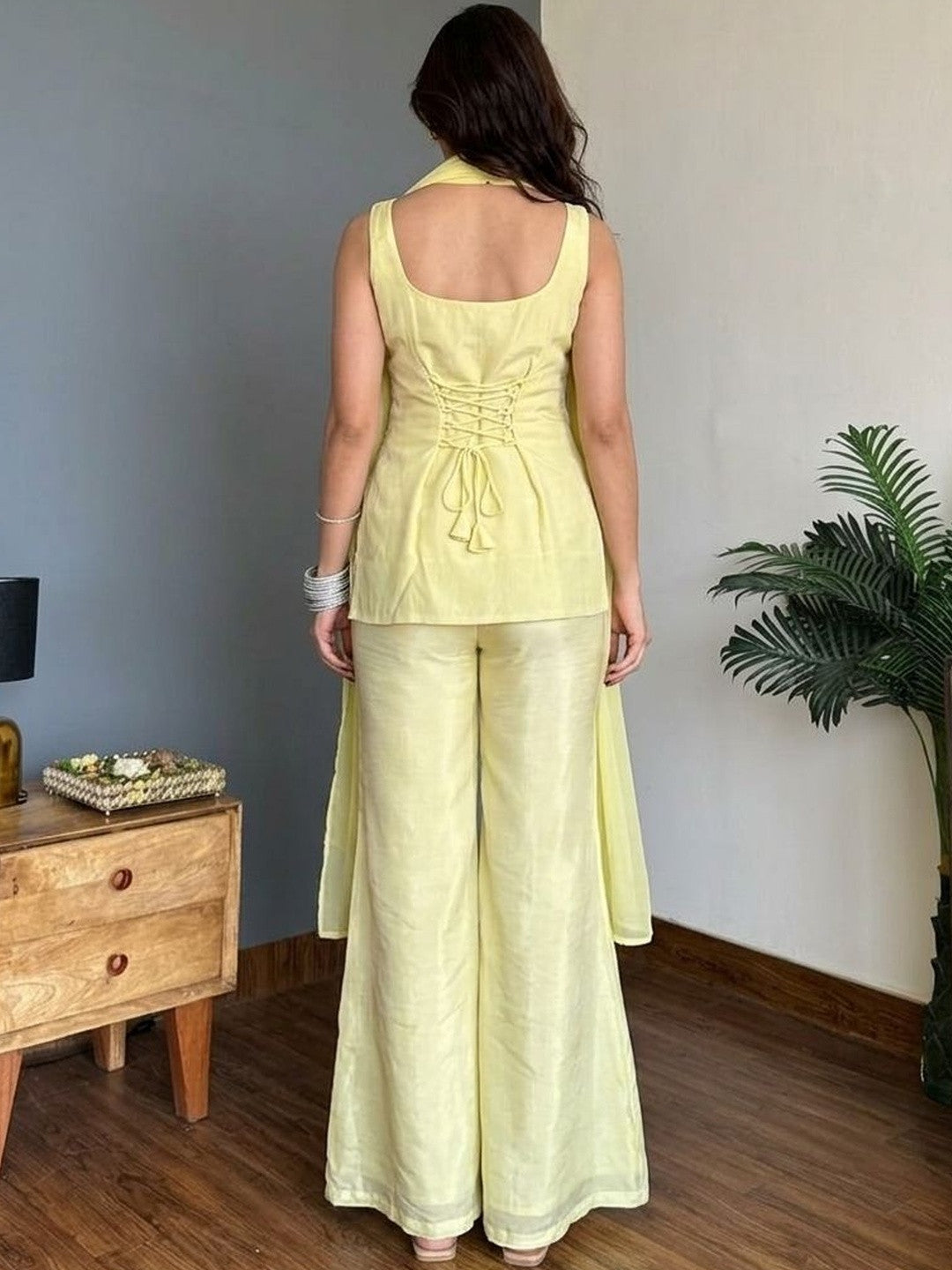 Pastel Yellow Faux Georgette Embroidered Festive Suit Set