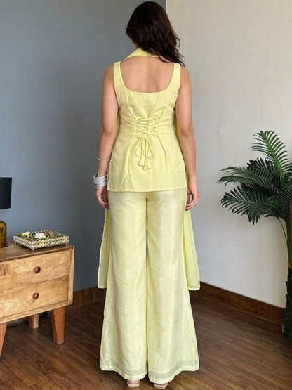 Pastel Yellow Faux Georgette Embroidered Festive Suit Set