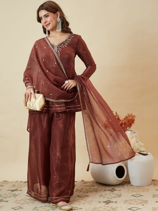 Rust Brown Fandy Silk Embroidered Festive Suit Set
