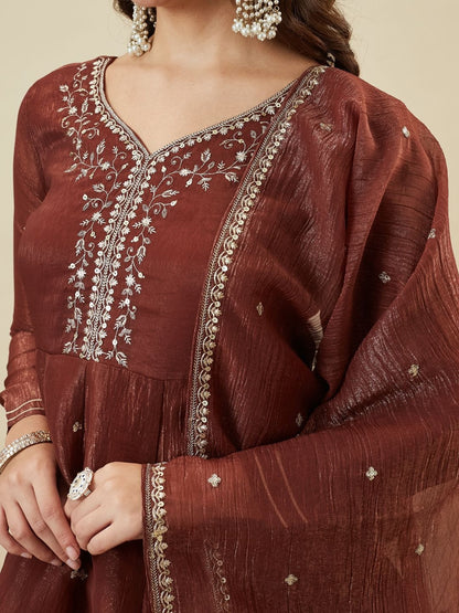 Rust Brown Fandy Silk Embroidered Festive Suit Set
