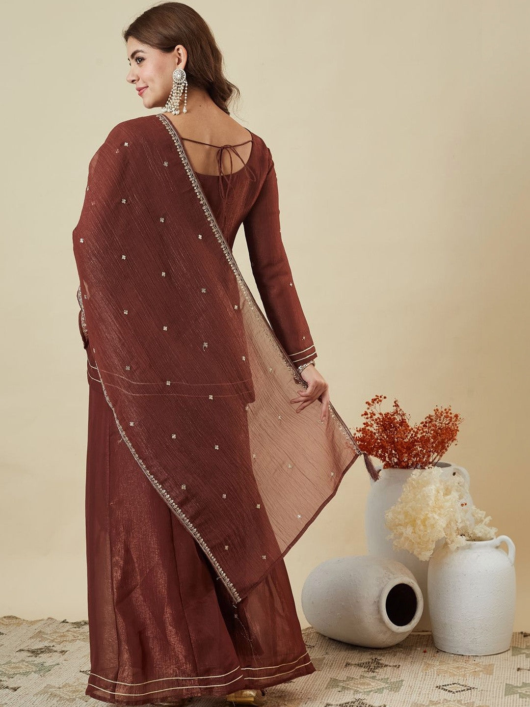 Rust Brown Fandy Silk Embroidered Festive Suit Set