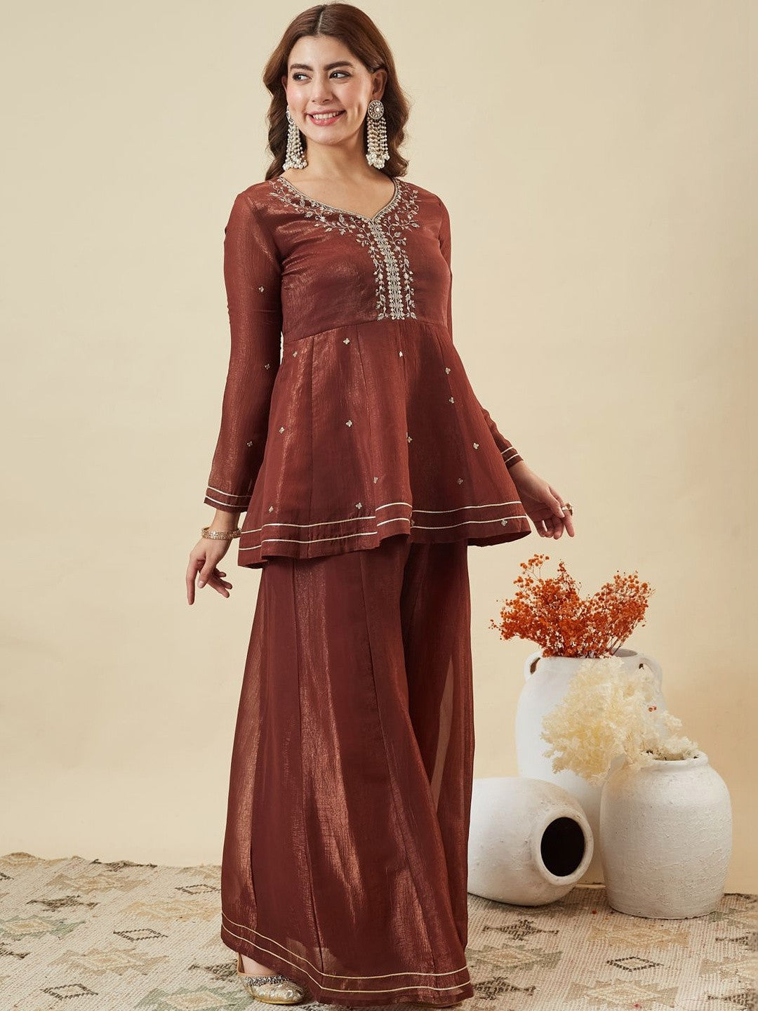Rust Brown Fandy Silk Embroidered Festive Suit Set