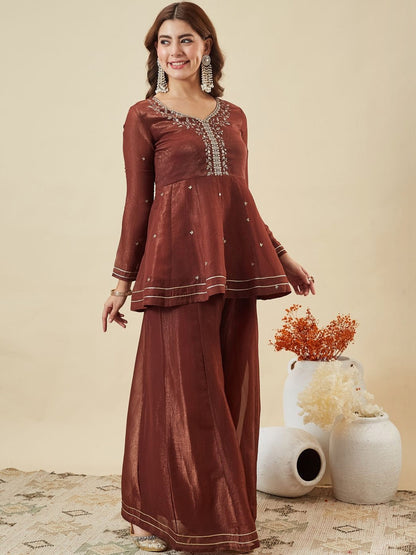 Rust Brown Fandy Silk Embroidered Festive Suit Set